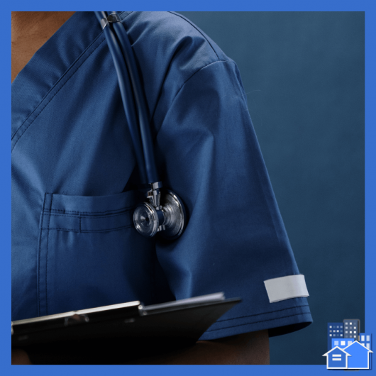 Person wearing scrubs and stethoscope on blue background requesting live in aide.